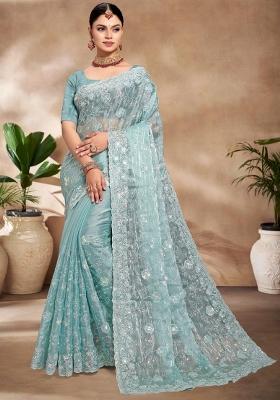Sky Blue Embroidered Silk Saree Set