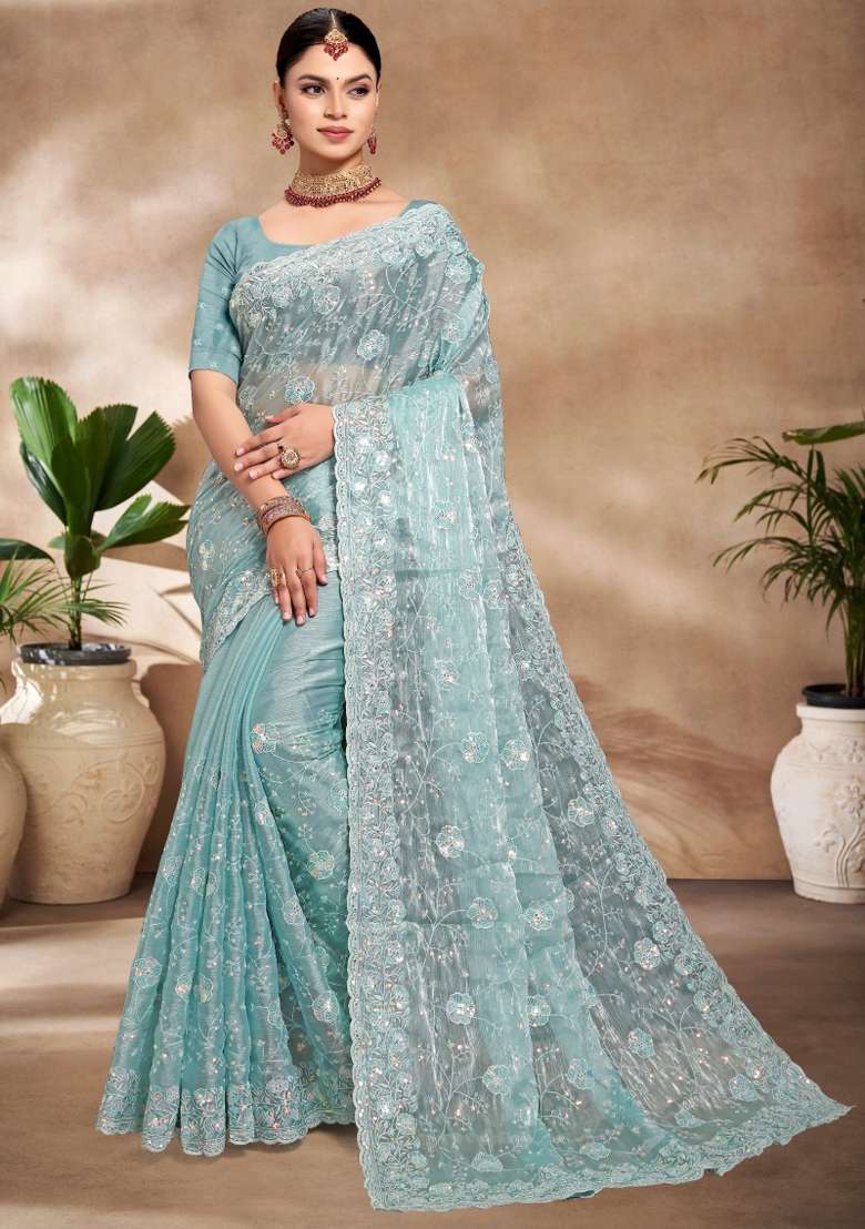 Sky Blue Embroidered Silk Blend Saree Set - Indya