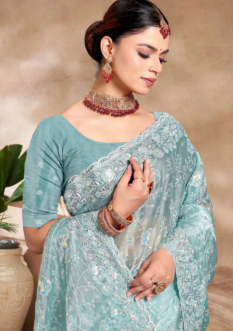 Sky Blue Embroidered Silk Blend Saree Set - Indya