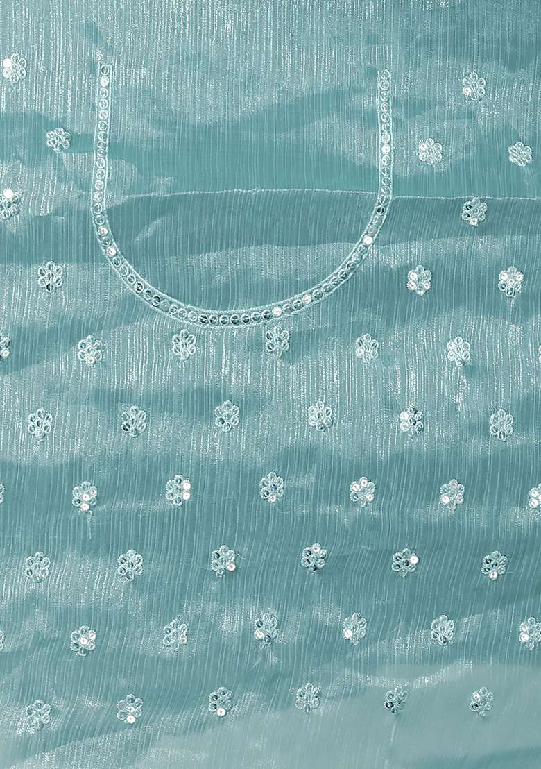 Sky Blue Embroidered Silk Blend Saree Set - Indya
