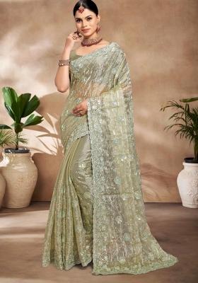 Pista Embroidered Silk Saree Set