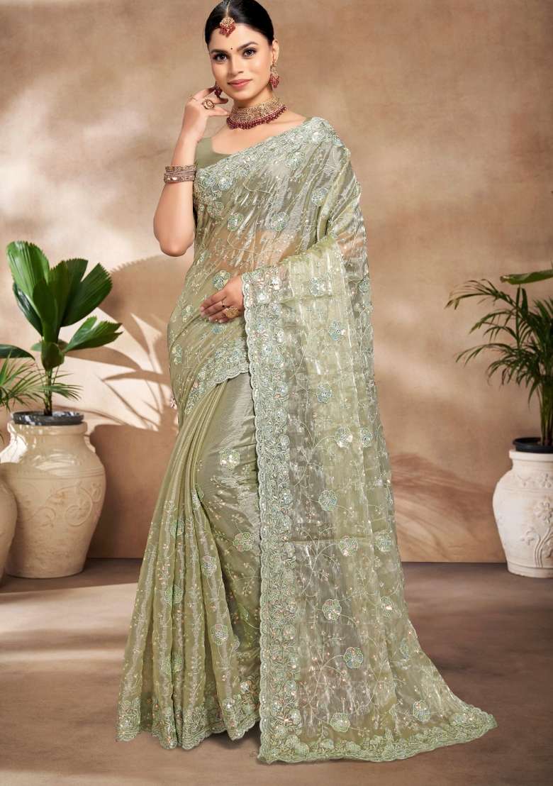 Pista Embroidered Silk Blend Saree Set for Diwali and Festive Wear - Indya