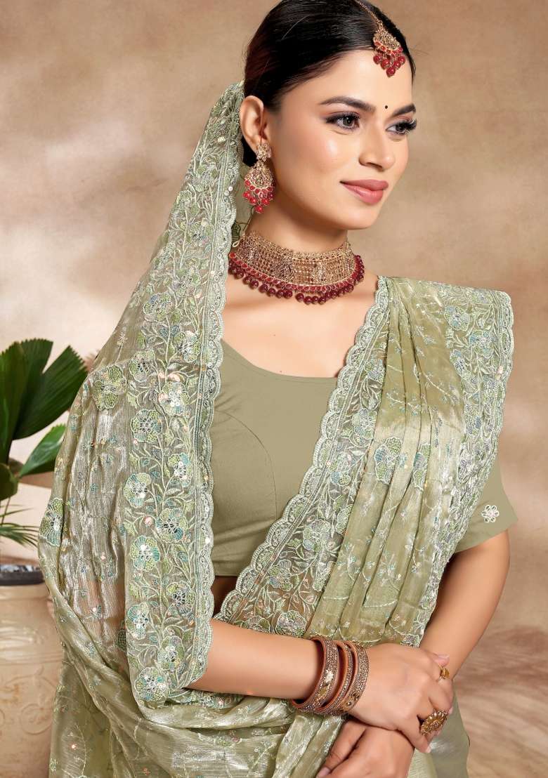 Pista Embroidered Silk Blend Saree Set for Diwali and Festive Wear - Indya