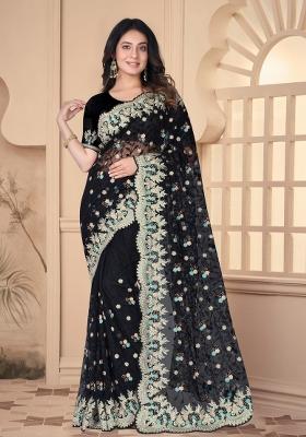 Black Embroidered Net Saree Set