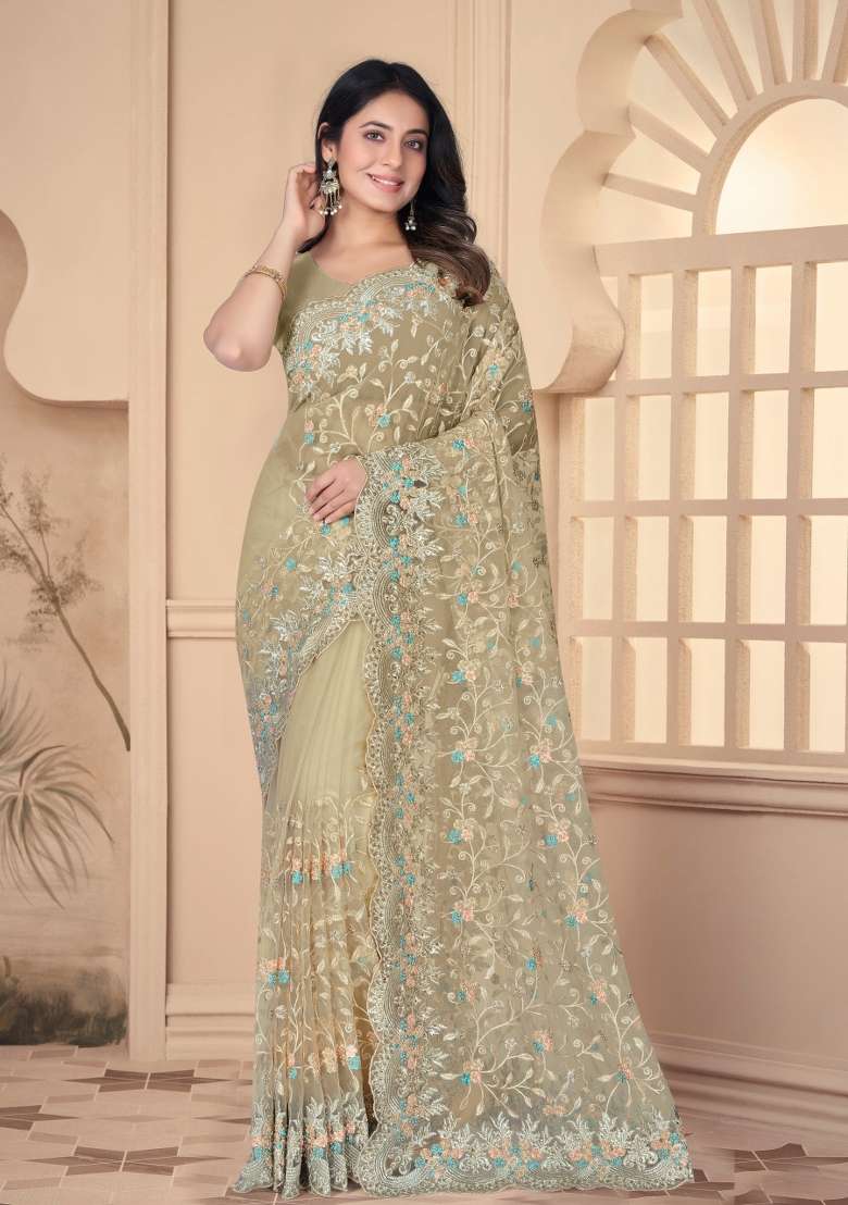 Chiku Embroidered Net Saree Set - Indya