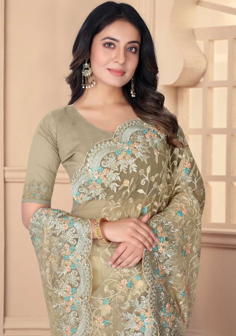 Chiku Embroidered Net Saree Set - Indya