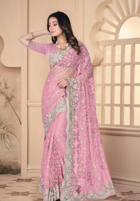 Pink Embroidered Net Saree Set