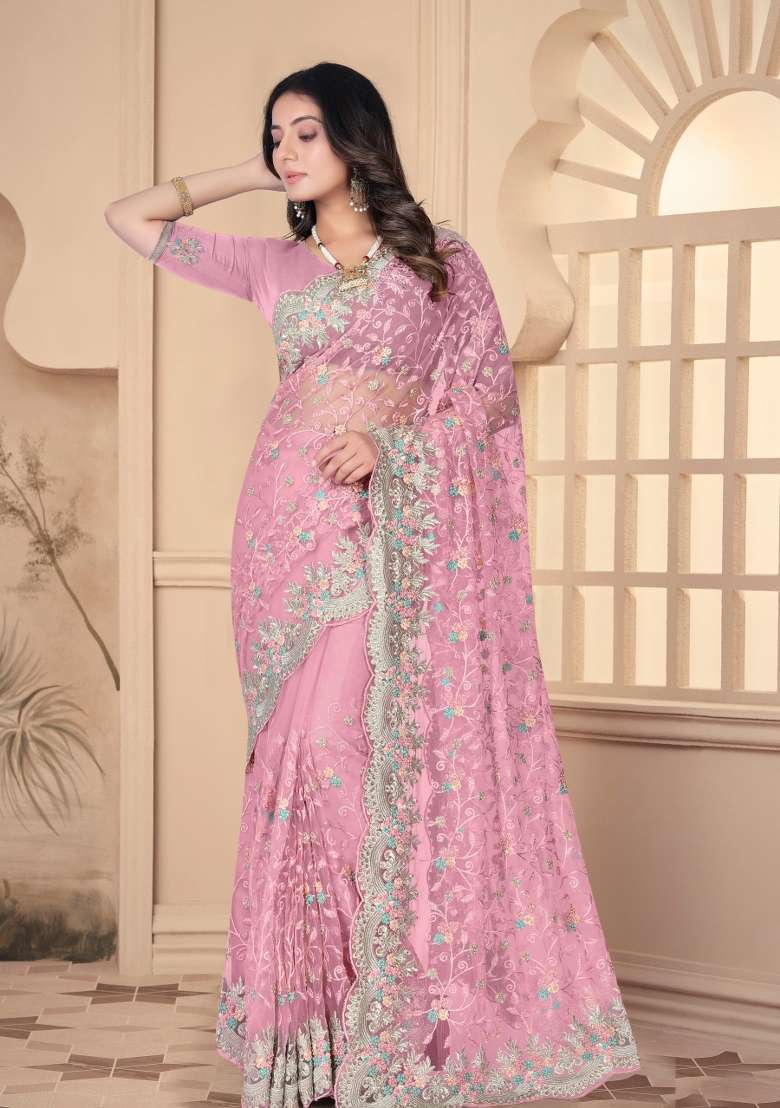 Pink Embroidered Net Saree Set - Indya
