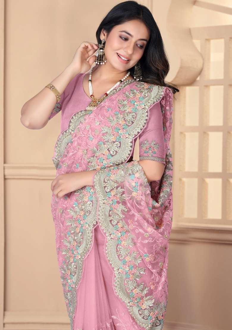 Pink Embroidered Net Saree Set - Indya