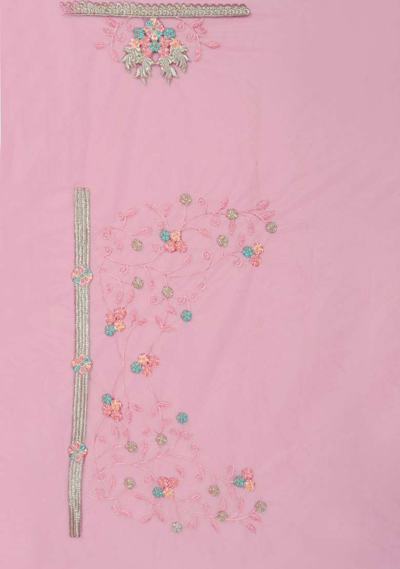 Pink Embroidered Net Saree Set - Indya
