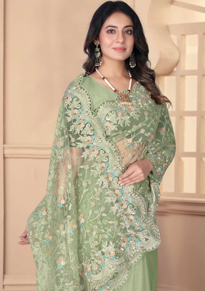 Pista Embroidered Net Saree Set - Indya