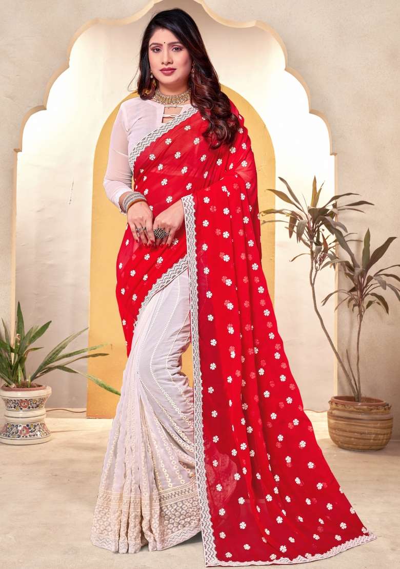 Red Embroidered Georgette Saree Set for Diwali and Festive Wear - Indya