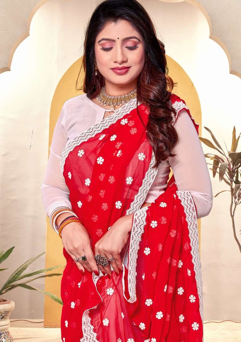 Red Embroidered Georgette Saree Set for Diwali and Festive Wear - Indya