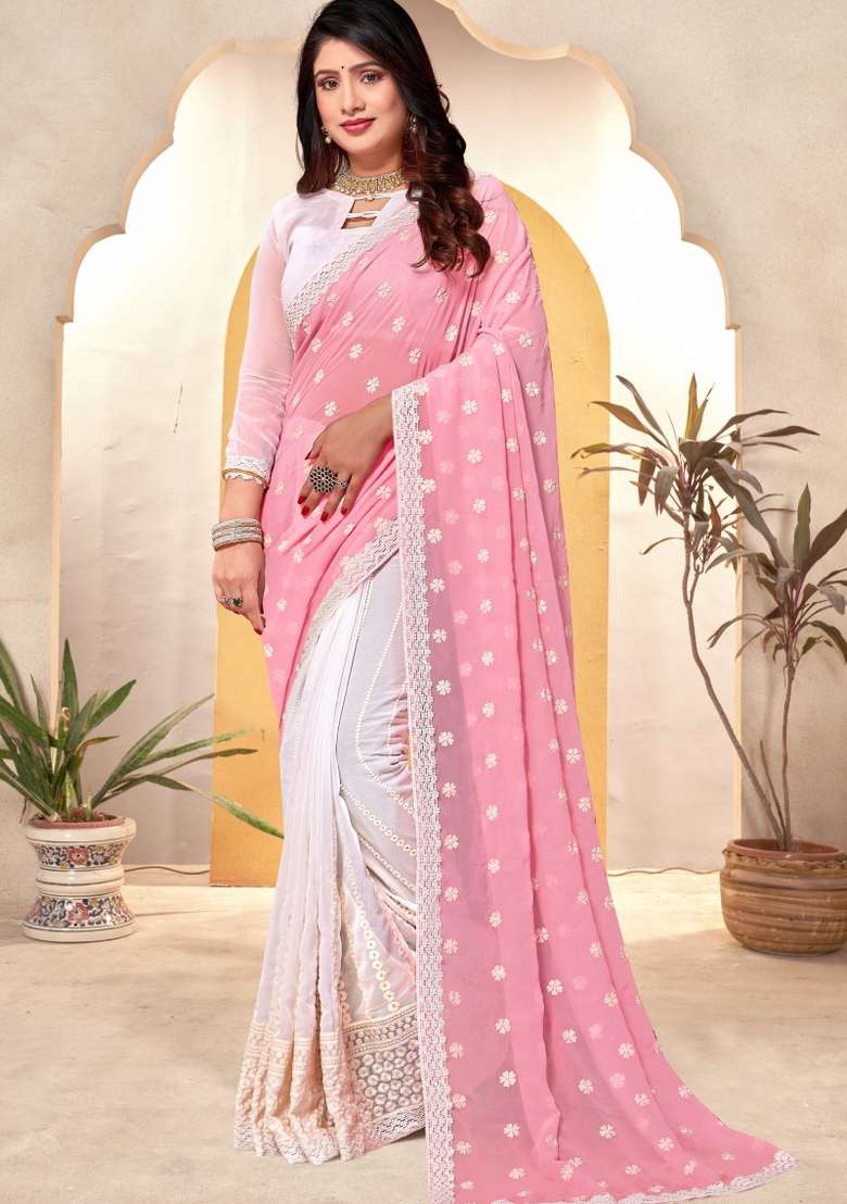 Pink Embroidered Georgette Saree Set - Indya