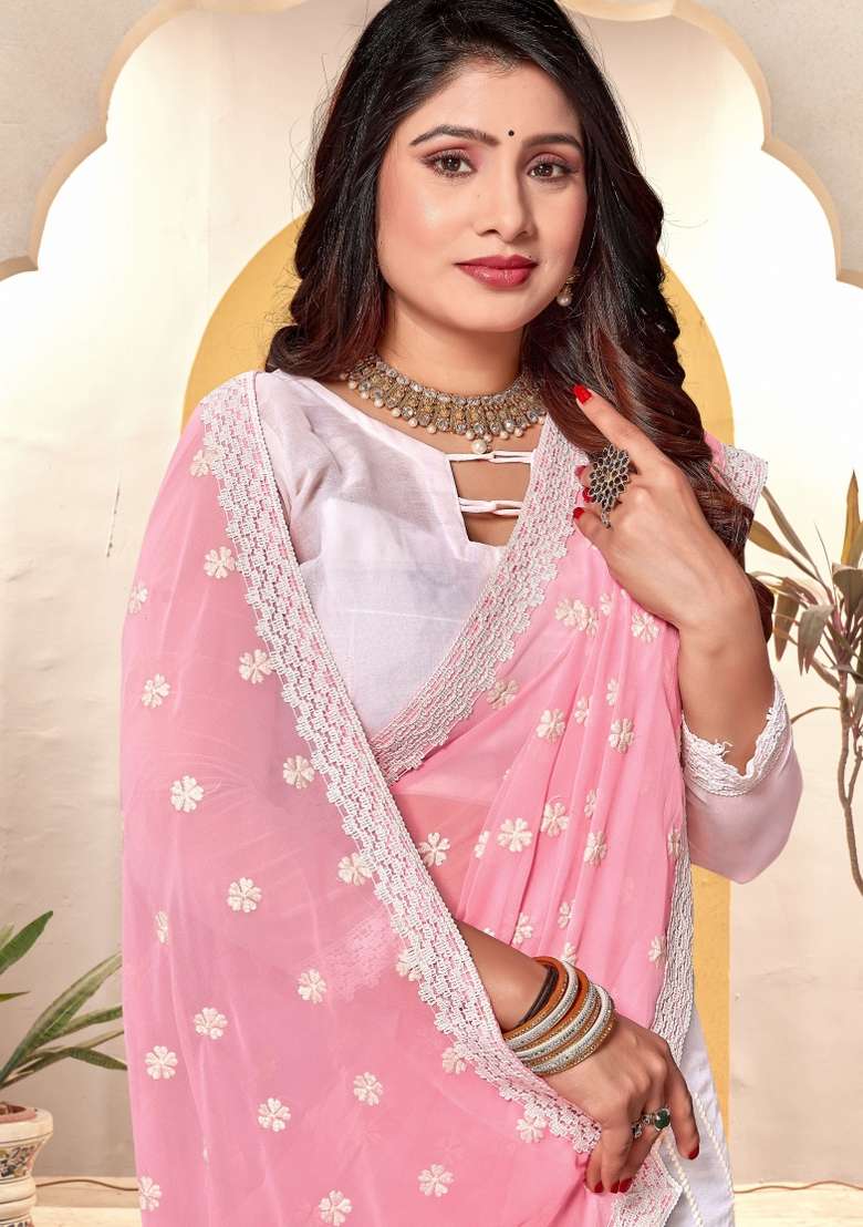 Pink Embroidered Georgette Saree Set - Indya