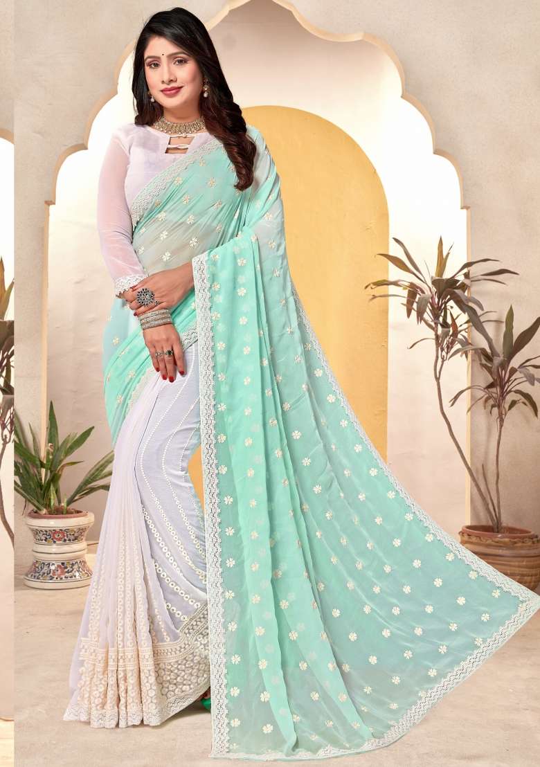 Sky Blue Georgette Saree Set with Embroidered for Diwali | Wedding & Festive Wear - Indya