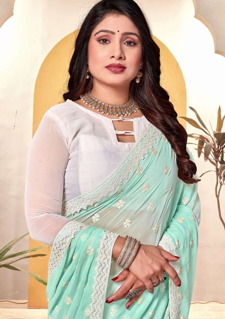 Sky Blue Georgette Saree Set with Embroidered for Diwali | Wedding & Festive Wear - Indya