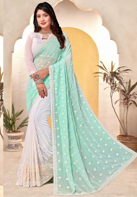 Sky Blue Embroidered Georgette Saree Set