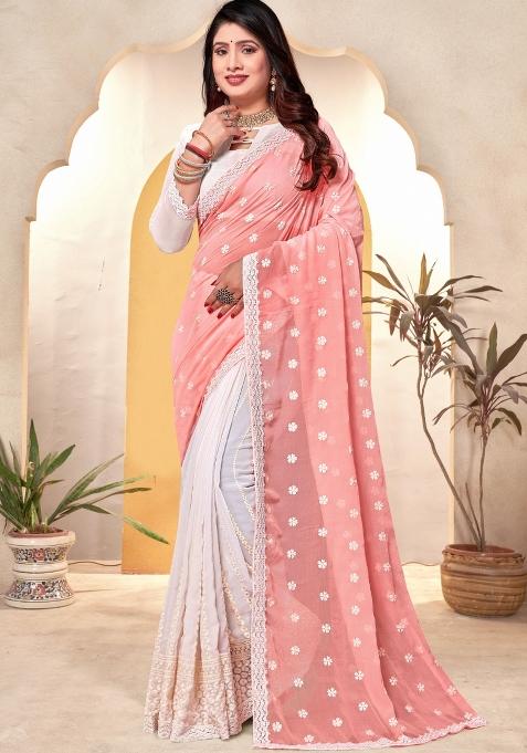 Peach Embroidered Georgette Saree Set