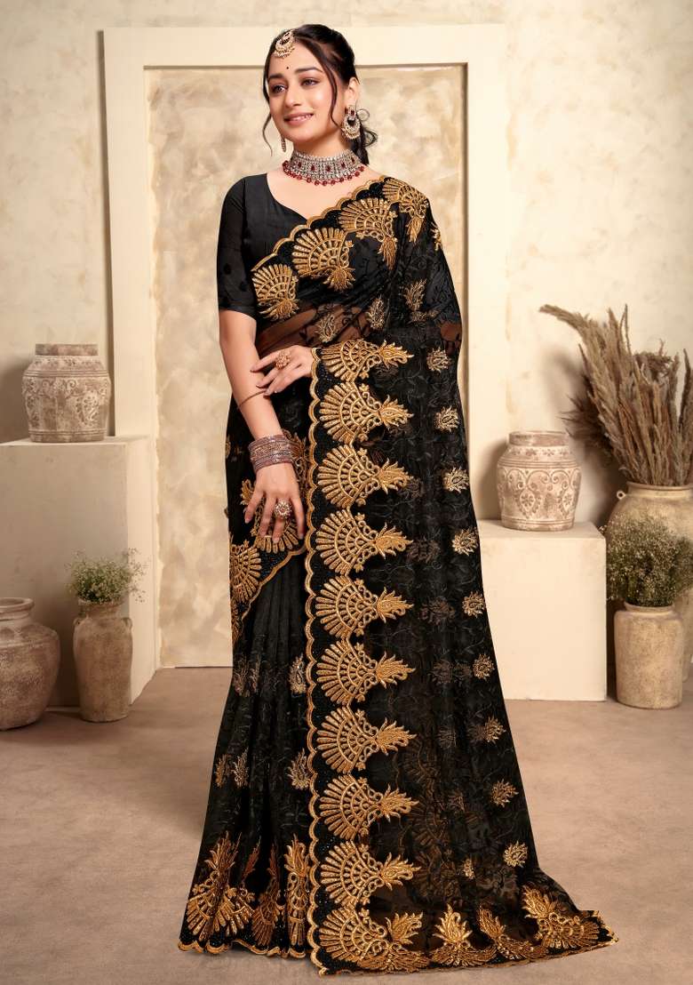 Black Embroidered Net Saree Set - Indya