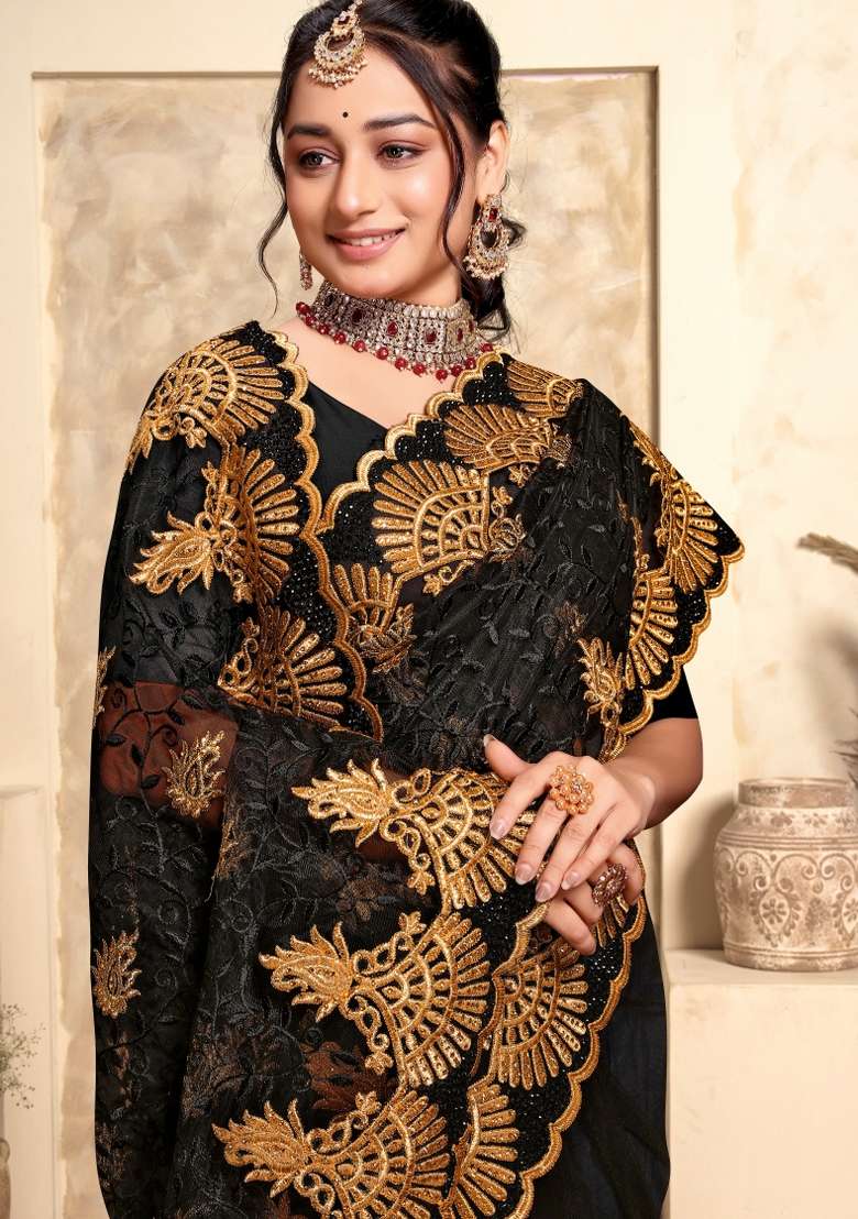 Black Embroidered Net Saree Set - Indya