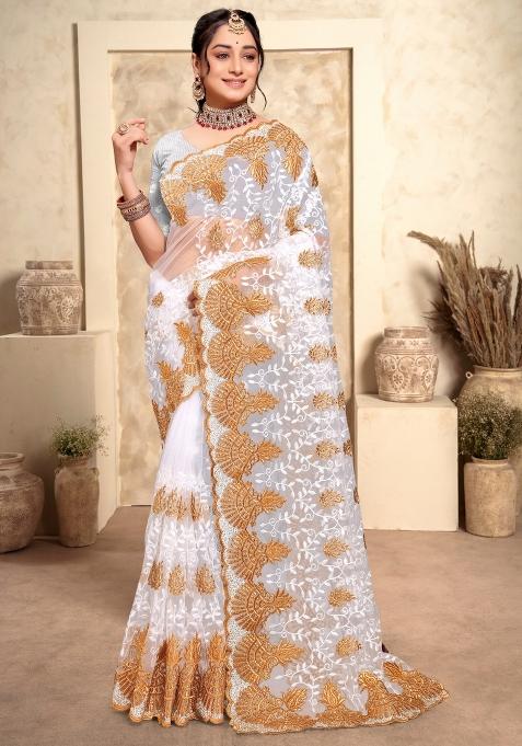White Embroidered Net Saree Set