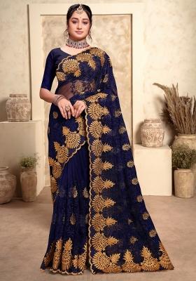 Navy Blue Embroidered Net Saree Set