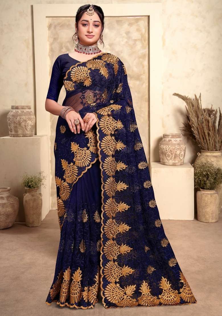 Navy Blue Embroidered Net Saree Set - Indya