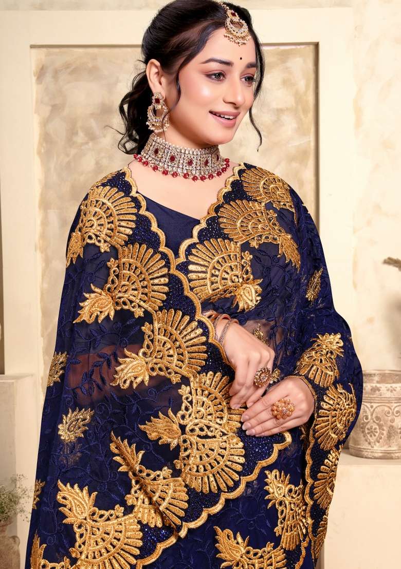 Navy Blue Embroidered Net Saree Set - Indya