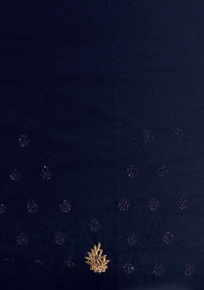 Navy Blue Embroidered Net Saree Set - Indya