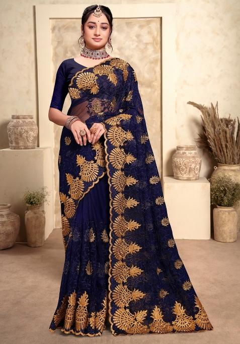 Navy Blue Embroidered Net Saree Set