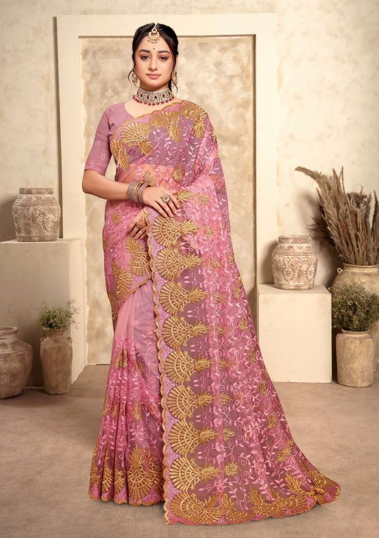 Dusty Pink Embroidered Net Saree Set - Indya