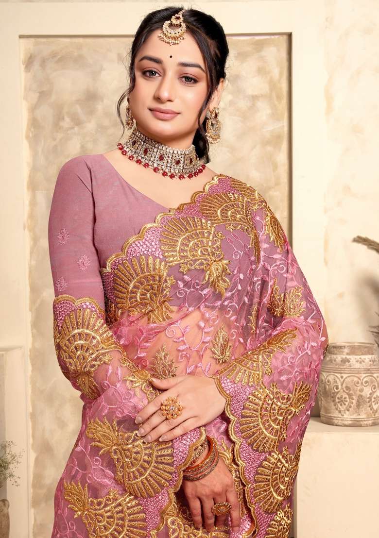 Dusty Pink Embroidered Net Saree Set - Indya