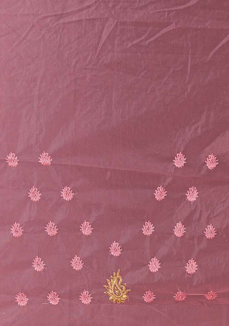 Dusty Pink Embroidered Net Saree Set - Indya
