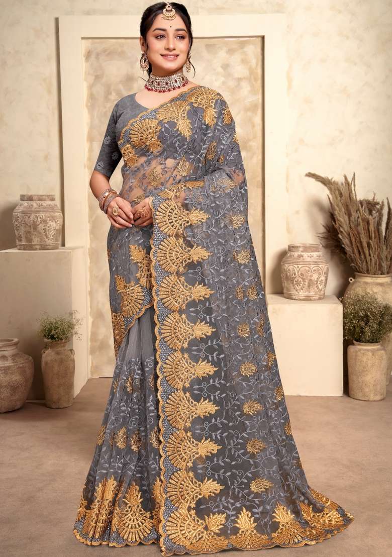 Grey Embroidered Net Saree Set - Indya