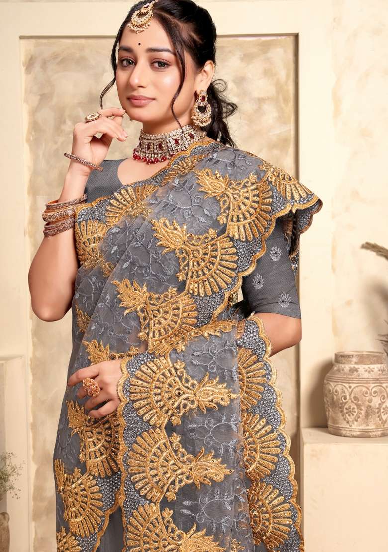 Grey Embroidered Net Saree Set - Indya