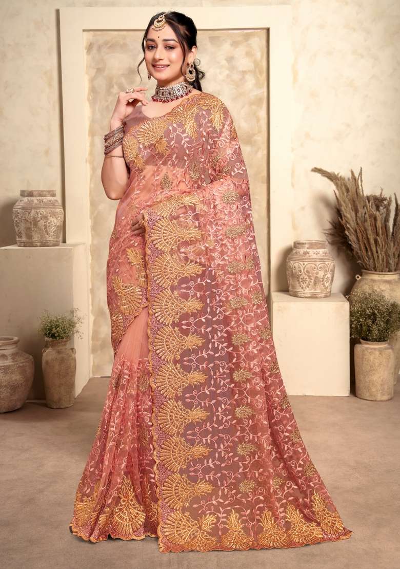 Dusty Peach Embroidered Net Saree Set - Indya