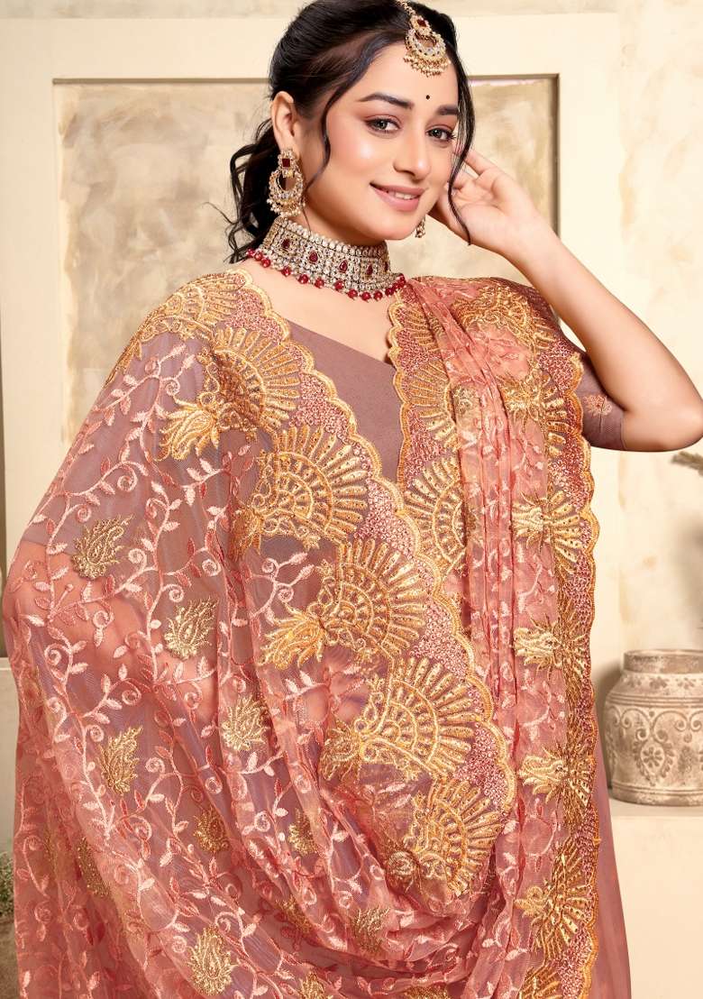 Dusty Peach Embroidered Net Saree Set - Indya