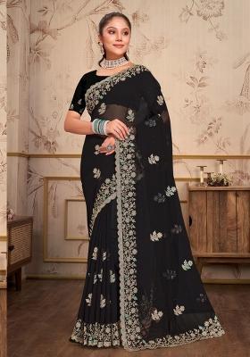 Black Embroidered Georgette Saree Set