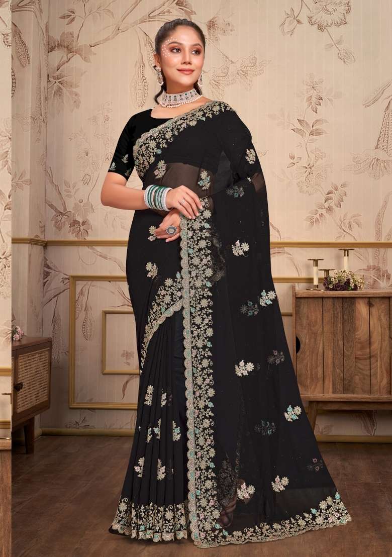 Black Georgette Saree Set with Embroidered for Diwali | Wedding & Festive Wear - Indya