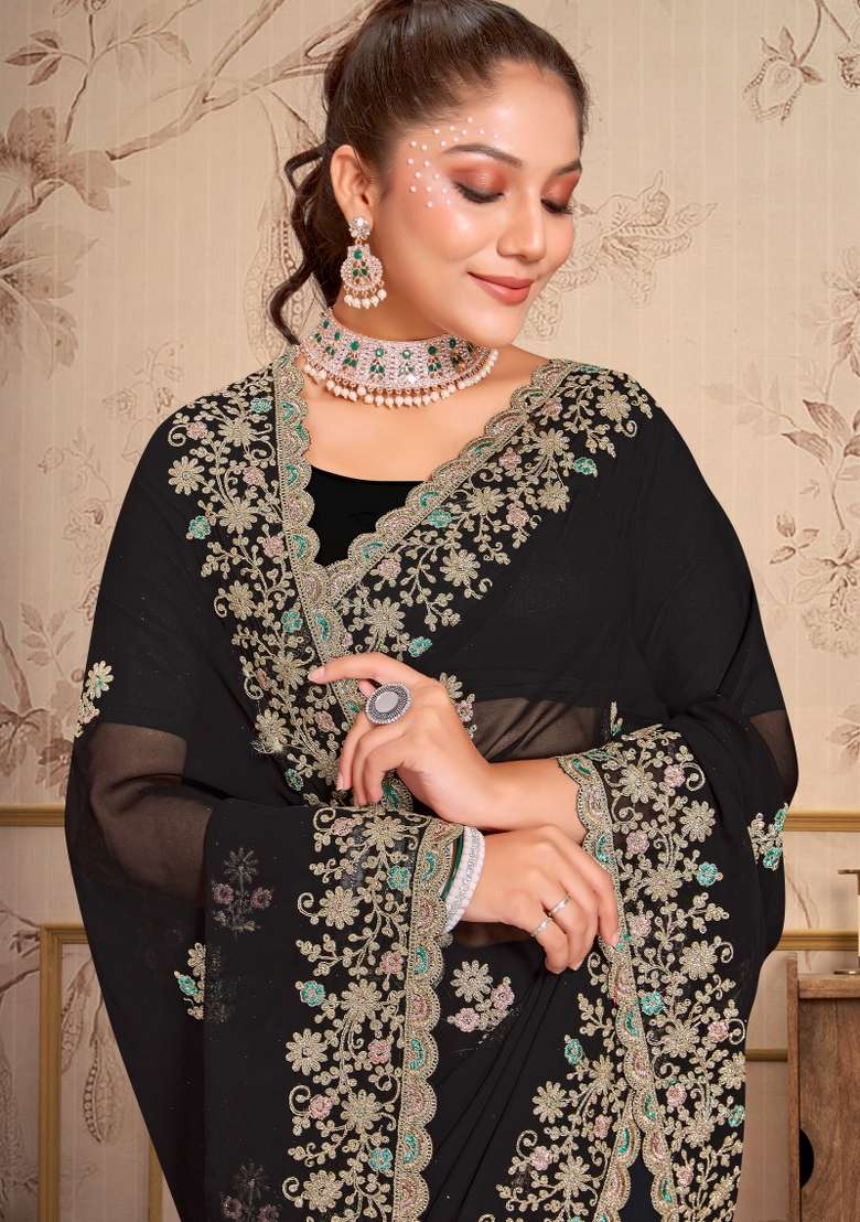 Black Georgette Saree Set with Embroidered for Diwali | Wedding & Festive Wear - Indya