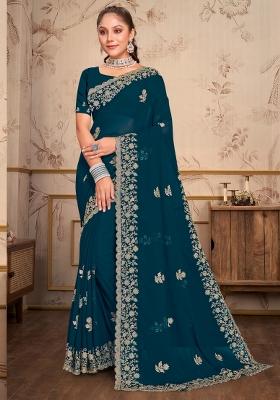 Blue Embroidered Georgette Saree Set