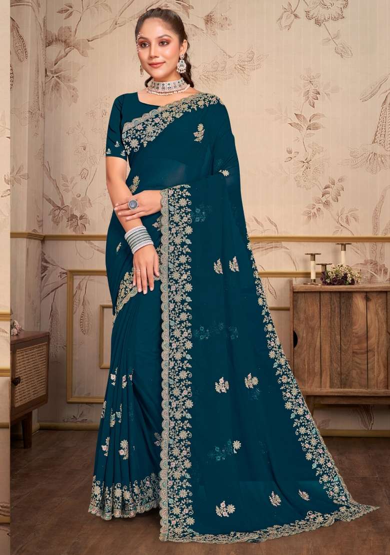 Blue Georgette Saree Set with Embroidered for Diwali | Wedding & Festive Wear - Indya