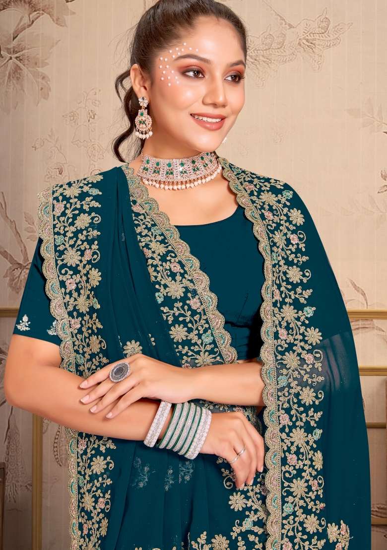 Blue Georgette Saree Set with Embroidered for Diwali | Wedding & Festive Wear - Indya