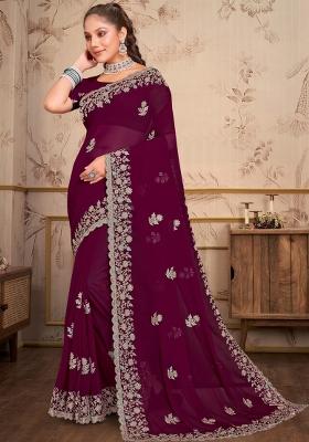 Wine Embroidered Georgette Saree Set