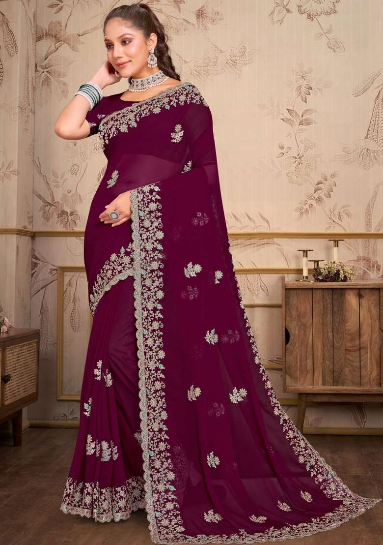 Wine Embroidered Georgette Saree Set - Indya
