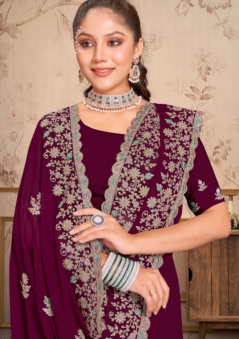 Wine Embroidered Georgette Saree Set - Indya
