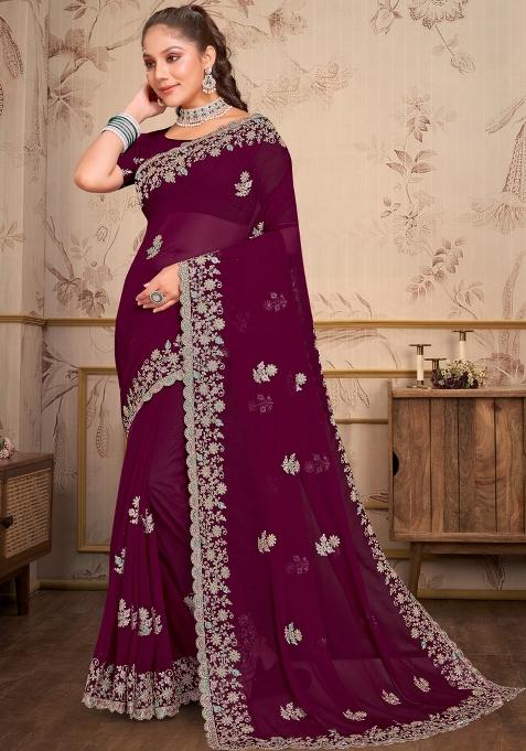 Wine Embroidered Georgette Saree Set