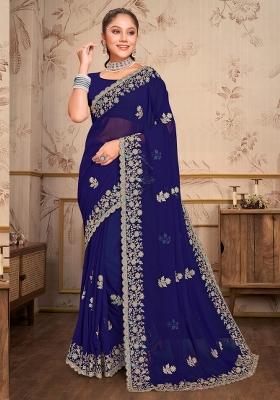 Navy Blue Embroidered Georgette Saree Set