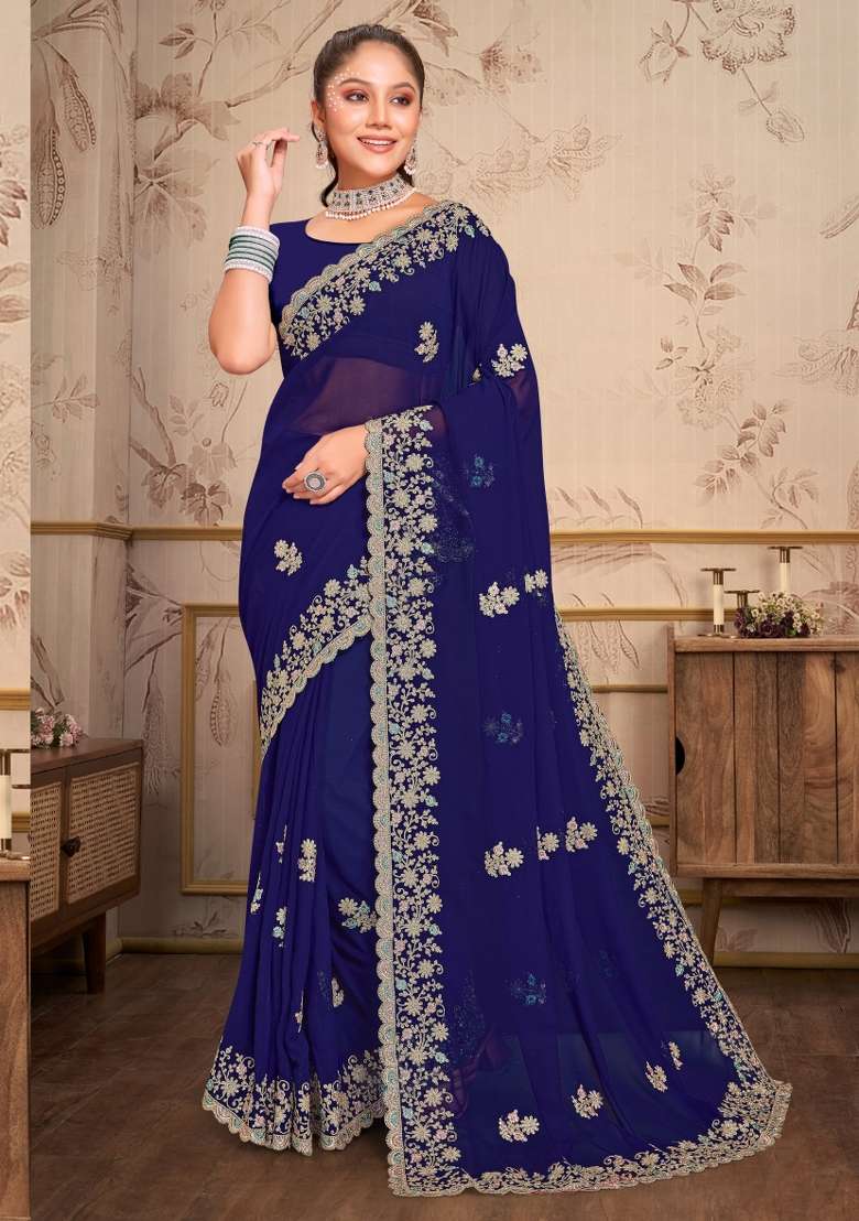Navy Blue Embroidered Georgette Saree Set for Diwali and Festive Wear - Indya